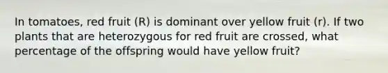 In tomatoes, red fruit (R) is dominant over yellow fruit (r). If two plants that are heterozygous for red fruit are crossed, what percentage of the offspring would have yellow fruit?