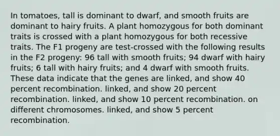 In tomatoes, tall is dominant to dwarf, and smooth fruits are dominant to hairy fruits. A plant homozygous for both dominant traits is crossed with a plant homozygous for both recessive traits. The F1 progeny are test-crossed with the following results in the F2 progeny: 96 tall with smooth fruits; 94 dwarf with hairy fruits; 6 tall with hairy fruits; and 4 dwarf with smooth fruits. These data indicate that the genes are linked, and show 40 percent recombination. linked, and show 20 percent recombination. linked, and show 10 percent recombination. on different chromosomes. linked, and show 5 percent recombination.