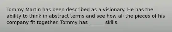 Tommy Martin has been described as a visionary. He has the ability to think in abstract terms and see how all the pieces of his company fit together. Tommy has ______ skills.