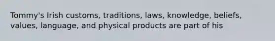 Tommy's Irish customs, traditions, laws, knowledge, beliefs, values, language, and physical products are part of his