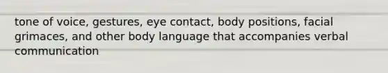 tone of voice, gestures, eye contact, body positions, facial grimaces, and other body language that accompanies verbal communication