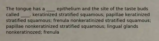 The tongue has a ____ epithelium and the site of the taste buds called ____. keratinized stratified squamous; papillae keratinized stratified squamous; frenula nonkeratinized stratified squamous; papillae nonkeratinized stratified squamous; lingual glands nonkeratinozed; frenula