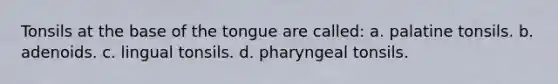 Tonsils at the base of the tongue are called: a. palatine tonsils. b. adenoids. c. lingual tonsils. d. pharyngeal tonsils.