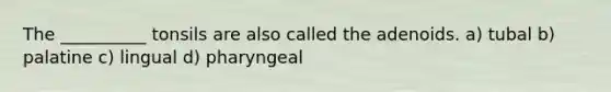 The __________ tonsils are also called the adenoids. a) tubal b) palatine c) lingual d) pharyngeal