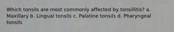 Which tonsils are most commonly affected by tonsillitis? a. Maxillary b. Lingual tonsils c. Palatine tonsils d. Pharyngeal tonsils
