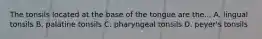 The tonsils located at the base of the tongue are the... A. lingual tonsils B. palatine tonsils C. pharyngeal tonsils D. peyer's tonsils