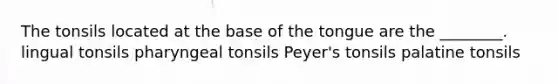 The tonsils located at the base of the tongue are the ________. lingual tonsils pharyngeal tonsils Peyer's tonsils palatine tonsils