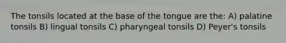 The tonsils located at the base of the tongue are the: A) palatine tonsils B) lingual tonsils C) pharyngeal tonsils D) Peyer's tonsils