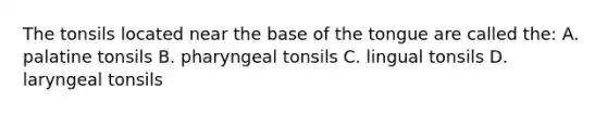 The tonsils located near the base of the tongue are called the: A. palatine tonsils B. pharyngeal tonsils C. lingual tonsils D. laryngeal tonsils