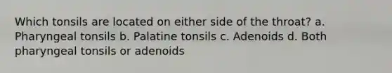 Which tonsils are located on either side of the throat? a. Pharyngeal tonsils b. Palatine tonsils c. Adenoids d. Both pharyngeal tonsils or adenoids