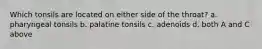 Which tonsils are located on either side of the throat? a. pharyngeal tonsils b. palatine tonsils c. adenoids d. both A and C above