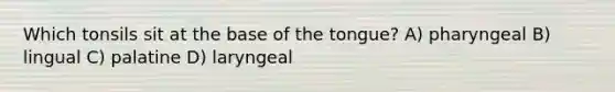 Which tonsils sit at the base of the tongue? A) pharyngeal B) lingual C) palatine D) laryngeal