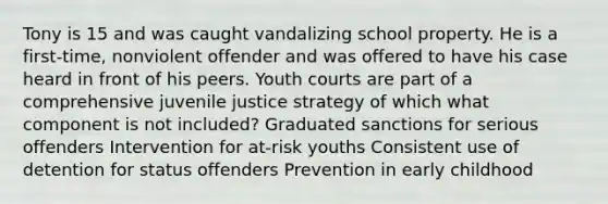 Tony is 15 and was caught vandalizing school property. He is a first-time, nonviolent offender and was offered to have his case heard in front of his peers. Youth courts are part of a comprehensive juvenile justice strategy of which what component is not included? Graduated sanctions for serious offenders Intervention for at-risk youths Consistent use of detention for status offenders Prevention in early childhood