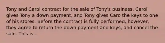 Tony and Carol contract for the sale of Tony's business. Carol gives Tony a down payment, and Tony gives Caro the keys to one of his stores. Before the contract is fully performed, however, they agree to return the down payment and keys, and cancel the sale. This is...