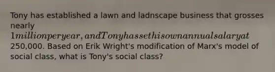 Tony has established a lawn and ladnscape business that grosses nearly 1 million per year, and Tony has set his own annual salary at250,000. Based on Erik Wright's modification of Marx's model of social class, what is Tony's social class?