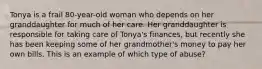 Tonya is a frail 80-year-old woman who depends on her granddaughter for much of her care. Her granddaughter is responsible for taking care of Tonya's finances, but recently she has been keeping some of her grandmother's money to pay her own bills. This is an example of which type of abuse?