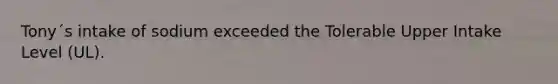 Tony´s intake of sodium exceeded the Tolerable Upper Intake Level (UL).
