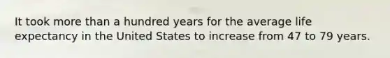 It took more than a hundred years for the average life expectancy in the United States to increase from 47 to 79 years.