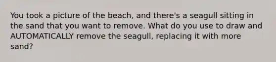 You took a picture of the beach, and there's a seagull sitting in the sand that you want to remove. What do you use to draw and AUTOMATICALLY remove the seagull, replacing it with more sand?