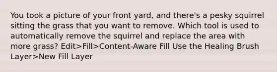 You took a picture of your front yard, and there's a pesky squirrel sitting the grass that you want to remove. Which tool is used to automatically remove the squirrel and replace the area with more grass? Edit>Fill>Content-Aware Fill Use the Healing Brush Layer>New Fill Layer