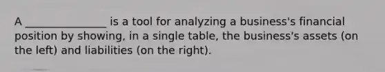 A _______________ is a tool for analyzing a business's financial position by showing, in a single table, the business's assets (on the left) and liabilities (on the right).