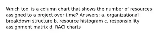 Which tool is a column chart that shows the number of resources assigned to a project over time? Answers: a. organizational breakdown structure b. resource histogram c. responsibility assignment matrix d. RACI charts