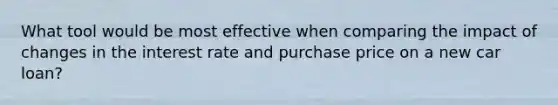 What tool would be most effective when comparing the impact of changes in the interest rate and purchase price on a new car loan?