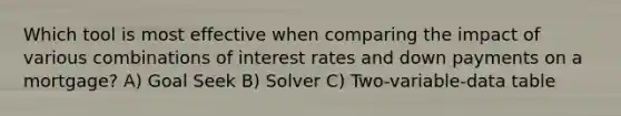 Which tool is most effective when comparing the impact of various combinations of interest rates and down payments on a mortgage? A) Goal Seek B) Solver C) Two-variable-data table