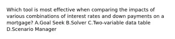 Which tool is most effective when comparing the impacts of various combinations of interest rates and down payments on a mortgage? A.Goal Seek B.Solver C.Two-variable data table D.Scenario Manager