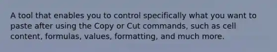 A tool that enables you to control specifically what you want to paste after using the Copy or Cut commands, such as cell content, formulas, values, formatting, and much more.