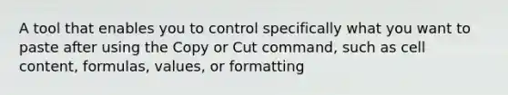 A tool that enables you to control specifically what you want to paste after using the Copy or Cut command, such as cell content, formulas, values, or formatting