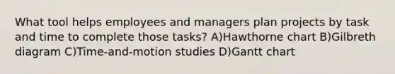 What tool helps employees and managers plan projects by task and time to complete those tasks? A)Hawthorne chart B)Gilbreth diagram C)Time-and-motion studies D)Gantt chart