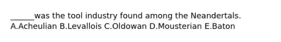 ______was the tool industry found among the Neandertals. A.Acheulian B.Levallois C.Oldowan D.Mousterian E.Baton