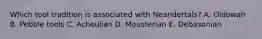 Which tool tradition is associated with Neandertals? A. Oldowah B. Pebble tools C. Acheulian D. Mousterian E. Debasonian