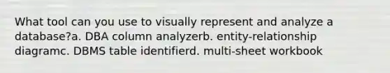 What tool can you use to visually represent and analyze a database?a. DBA column analyzerb. entity-relationship diagramc. DBMS table identifierd. multi-sheet workbook