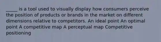 _____ is a tool used to visually display how consumers perceive the position of products or brands in the market on different dimensions relative to competitors. An ideal point An optimal point A competitive map A perceptual map Competitive positioning