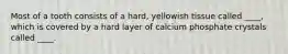 Most of a tooth consists of a hard, yellowish tissue called ____, which is covered by a hard layer of calcium phosphate crystals called ____.