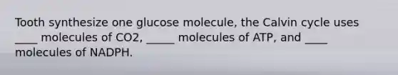 Tooth synthesize one glucose molecule, the Calvin cycle uses ____ molecules of CO2, _____ molecules of ATP, and ____ molecules of NADPH.