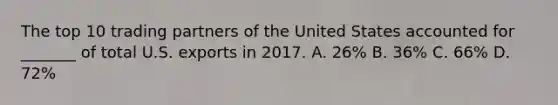 The top 10 trading partners of the United States accounted for _______ of total U.S. exports in 2017. A. 26% B. 36% C. 66% D. 72%