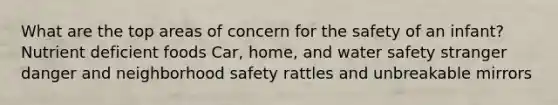 What are the top areas of concern for the safety of an infant? Nutrient deficient foods Car, home, and water safety stranger danger and neighborhood safety rattles and unbreakable mirrors