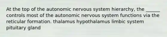 At the top of <a href='https://www.questionai.com/knowledge/kMqcwgxBsH-the-autonomic-nervous-system' class='anchor-knowledge'>the autonomic <a href='https://www.questionai.com/knowledge/kThdVqrsqy-nervous-system' class='anchor-knowledge'>nervous system</a></a> hierarchy, the ______ controls most of the autonomic nervous system functions via the reticular formation. thalamus hypothalamus limbic system pituitary gland