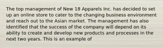 The top management of New 18 Apparels Inc. has decided to set up an online store to cater to the changing business environment and reach out to the Asian market. The management has also identified that the success of the company will depend on its ability to create and develop new products and processes in the next two years. This is an example of