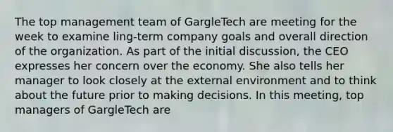 The top management team of GargleTech are meeting for the week to examine ling-term company goals and overall direction of the organization. As part of the initial discussion, the CEO expresses her concern over the economy. She also tells her manager to look closely at the external environment and to think about the future prior to making decisions. In this meeting, top managers of GargleTech are