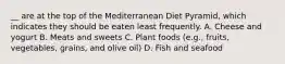 __ are at the top of the Mediterranean Diet Pyramid, which indicates they should be eaten least frequently. A. Cheese and yogurt B. Meats and sweets C. Plant foods (e.g., fruits, vegetables, grains, and olive oil) D. Fish and seafood