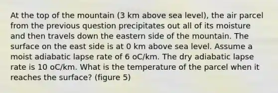 At the top of the mountain (3 km above sea level), the air parcel from the previous question precipitates out all of its moisture and then travels down the eastern side of the mountain. The surface on the east side is at 0 km above sea level. Assume a moist adiabatic lapse rate of 6 oC/km. The dry adiabatic lapse rate is 10 oC/km. What is the temperature of the parcel when it reaches the surface? (figure 5)