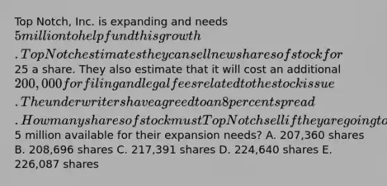 Top Notch, Inc. is expanding and needs 5 million to help fund this growth. Top Notch estimates they can sell new shares of stock for25 a share. They also estimate that it will cost an additional 200,000 for filing and legal fees related to the stock issue. The underwriters have agreed to an 8 percent spread. How many shares of stock must Top Notch sell if they are going to have5 million available for their expansion needs? A. 207,360 shares B. 208,696 shares C. 217,391 shares D. 224,640 shares E. 226,087 shares