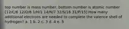 top number is mass number, bottom number is atomic number [12/C/6 12/O/8 1/H/1 14/N/7 32/S/16 31/P/15] How many additional electrons are needed to complete the valence shell of hydrogen? a. 1 b. 2 c. 3 d. 4 e. 5