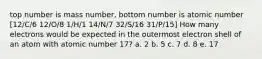 top number is mass number, bottom number is atomic number [12/C/6 12/O/8 1/H/1 14/N/7 32/S/16 31/P/15] How many electrons would be expected in the outermost electron shell of an atom with atomic number 17? a. 2 b. 5 c. 7 d. 8 e. 17