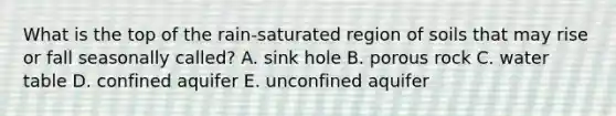 What is the top of the rain-saturated region of soils that may rise or fall seasonally called? A. sink hole B. porous rock C. water table D. confined aquifer E. unconfined aquifer