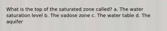 What is the top of the saturated zone called? a. The water saturation level b. The vadose zone c. The water table d. The aquifer